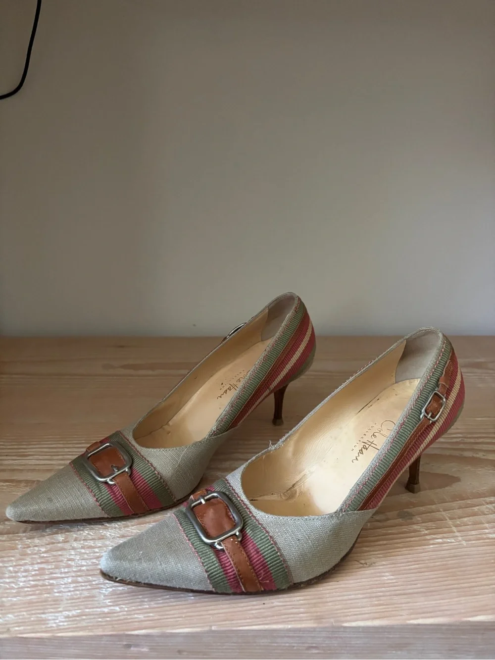 Cole Haan Pointed-Toe Pumps in Beige with Green & Red Stripes